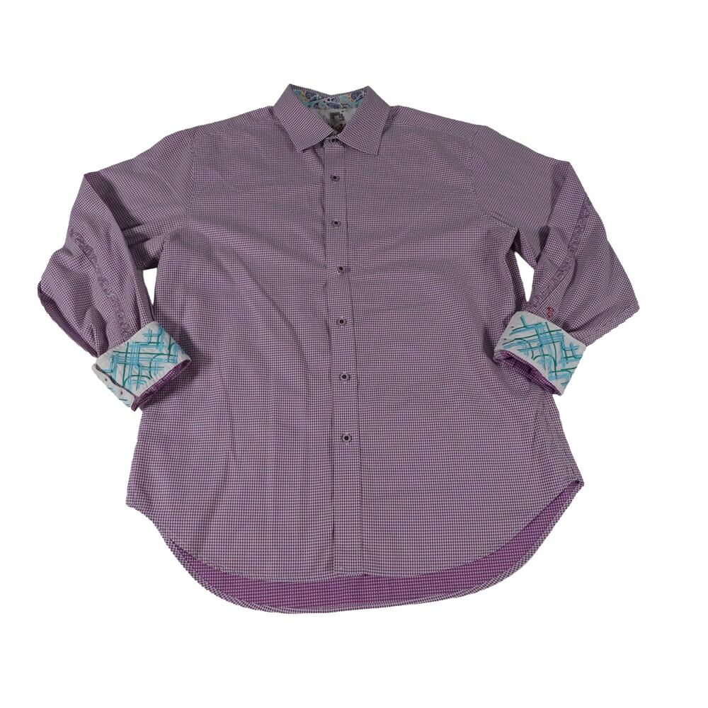 Robert Graham Micro Check Geometric Flip Cuff Paisley Collar Shirt Men's XL